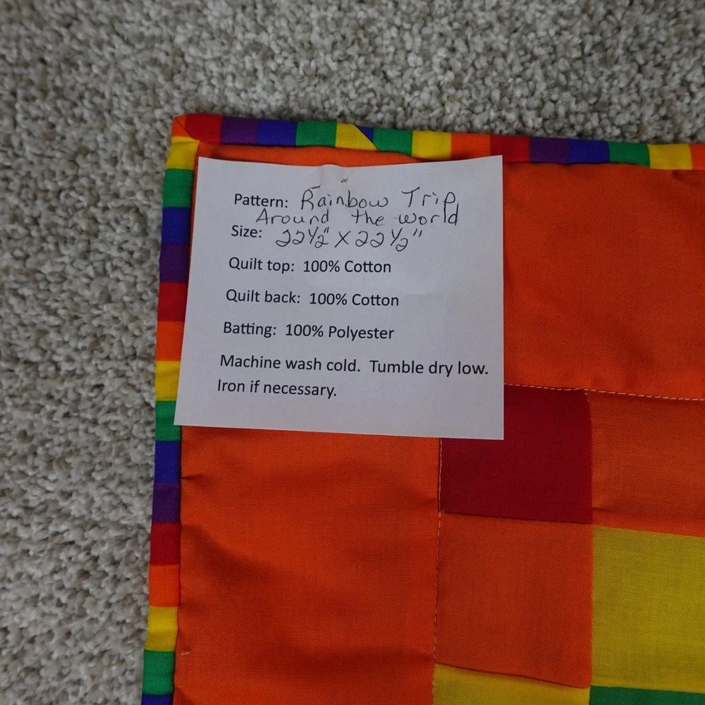 Handmade Rainbow Trip Around the World Patchwork Baby Quilt 22.5x22.5 Cotton